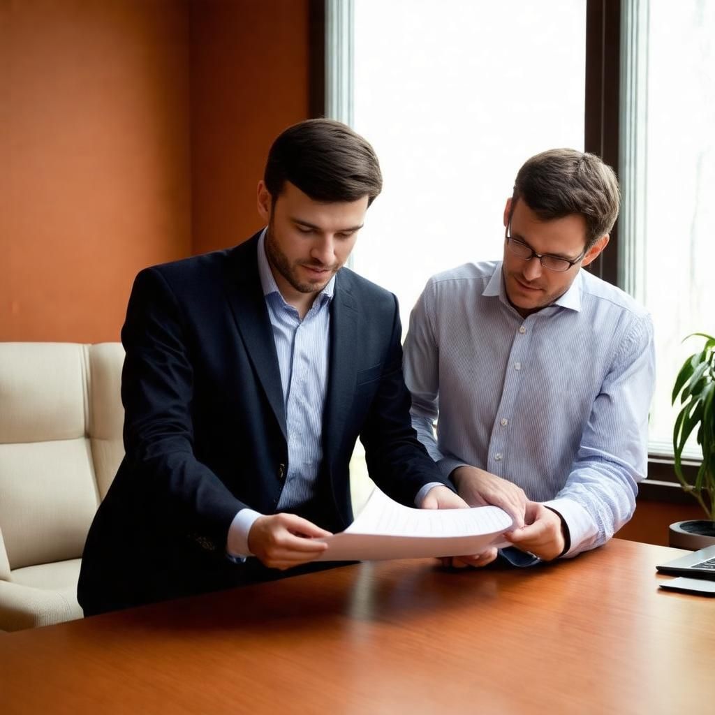 Two colleagues discussing AI lead scoring over a document in a warm terracotta office