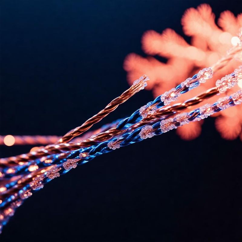 Macro view of fiber optic cables in navy and coral tones representing AI voice agent customer support
