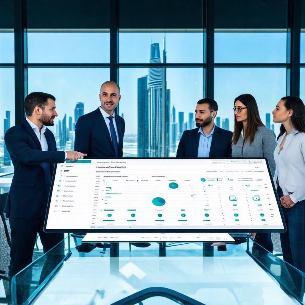 Office scene showing AI sales outreach automation dashboard and team planning meetings