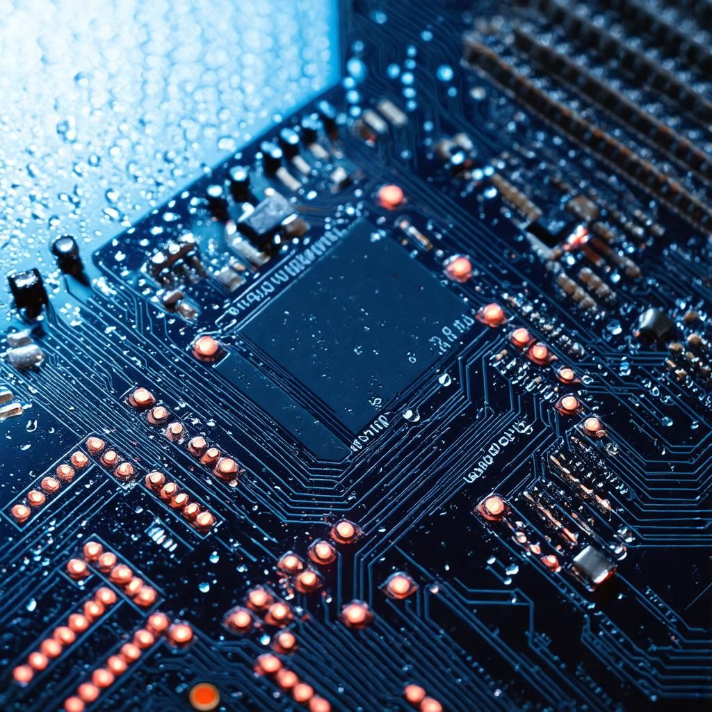 Macro circuit board texture with navy and coral highlights representing ecommerce website features