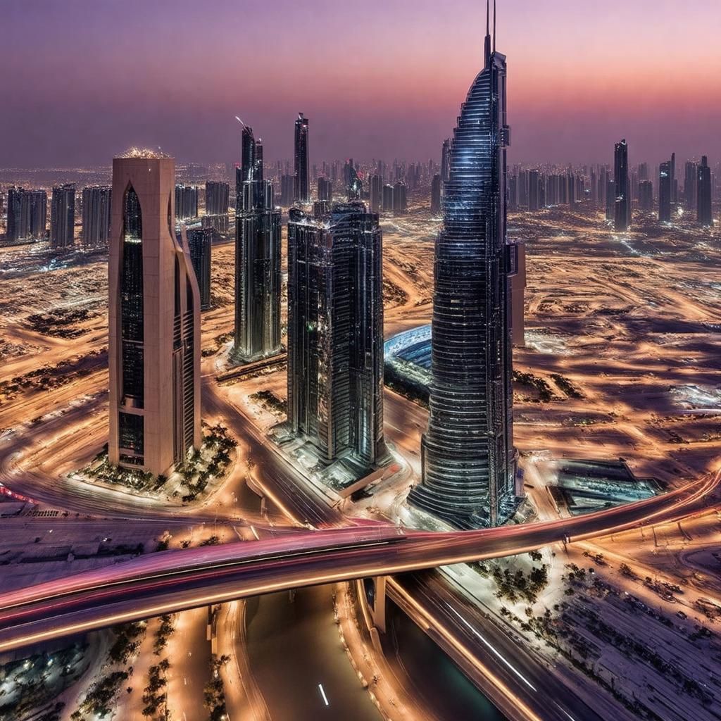 Aerial view of Dubai skyline at dusk in sandstone beige and deep burgundy tones, representing Arabic AI chatbot innovation