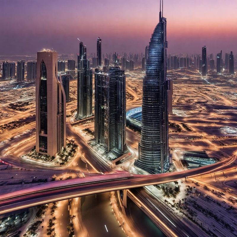 Aerial view of Dubai skyline at dusk in sandstone beige and deep burgundy tones, representing Arabic AI chatbot innovation