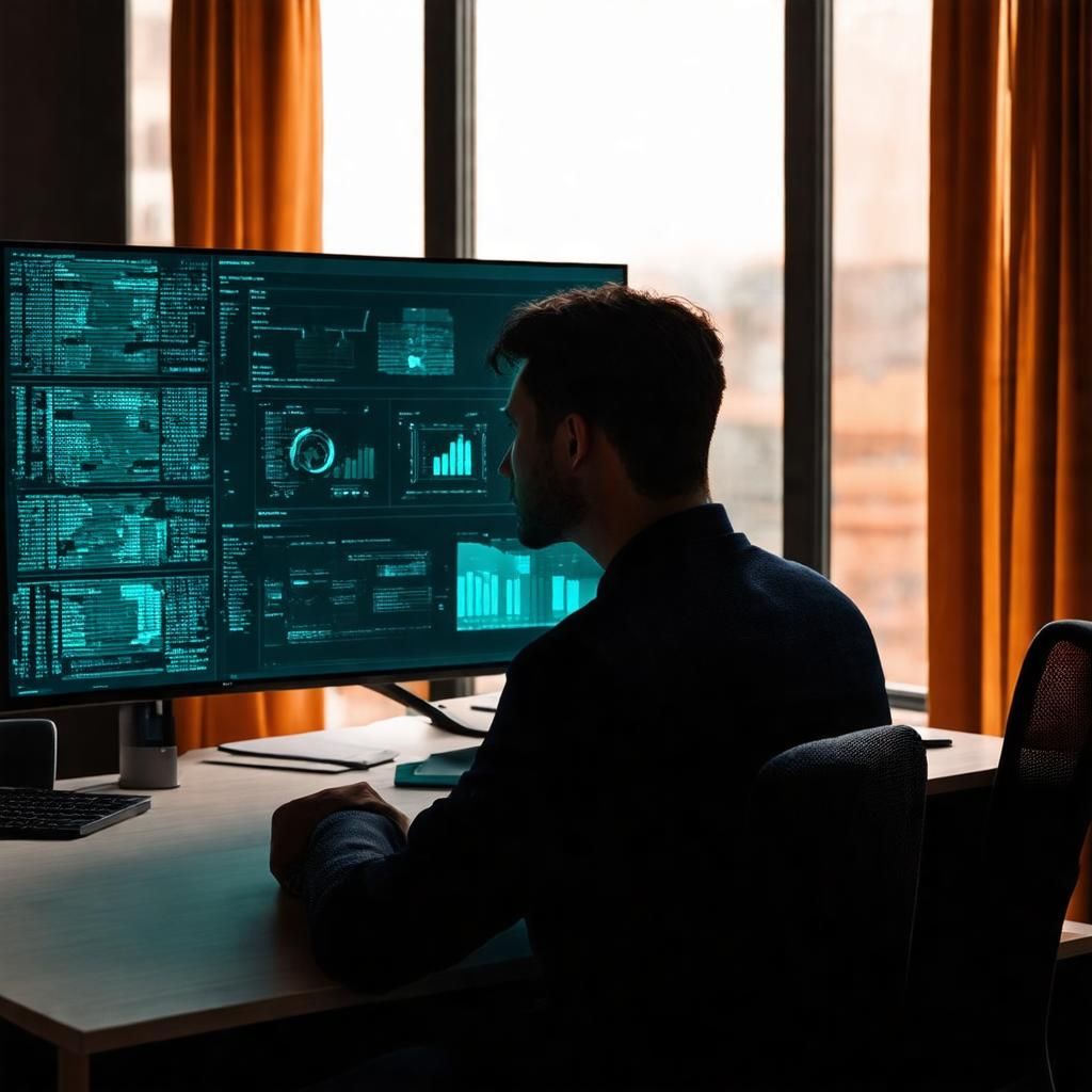 Silhouette of a person reviewing a teal and amber screen, representing chatbot human handover