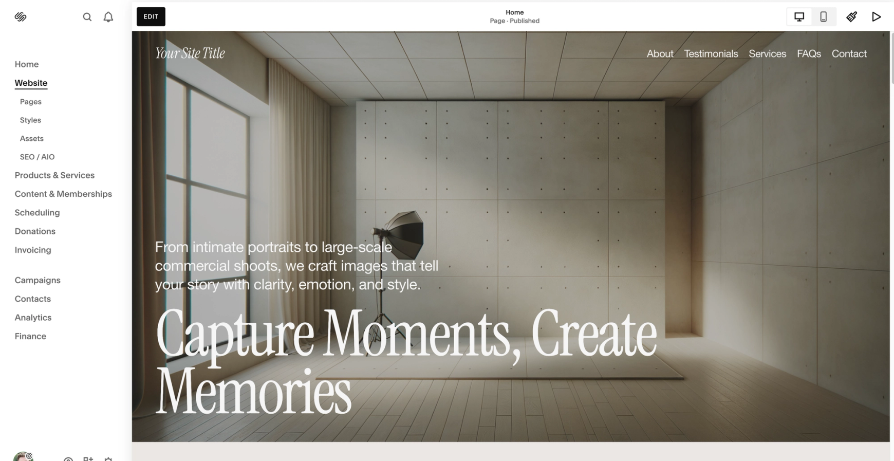 Squarespace dashboard with template in place screenshot