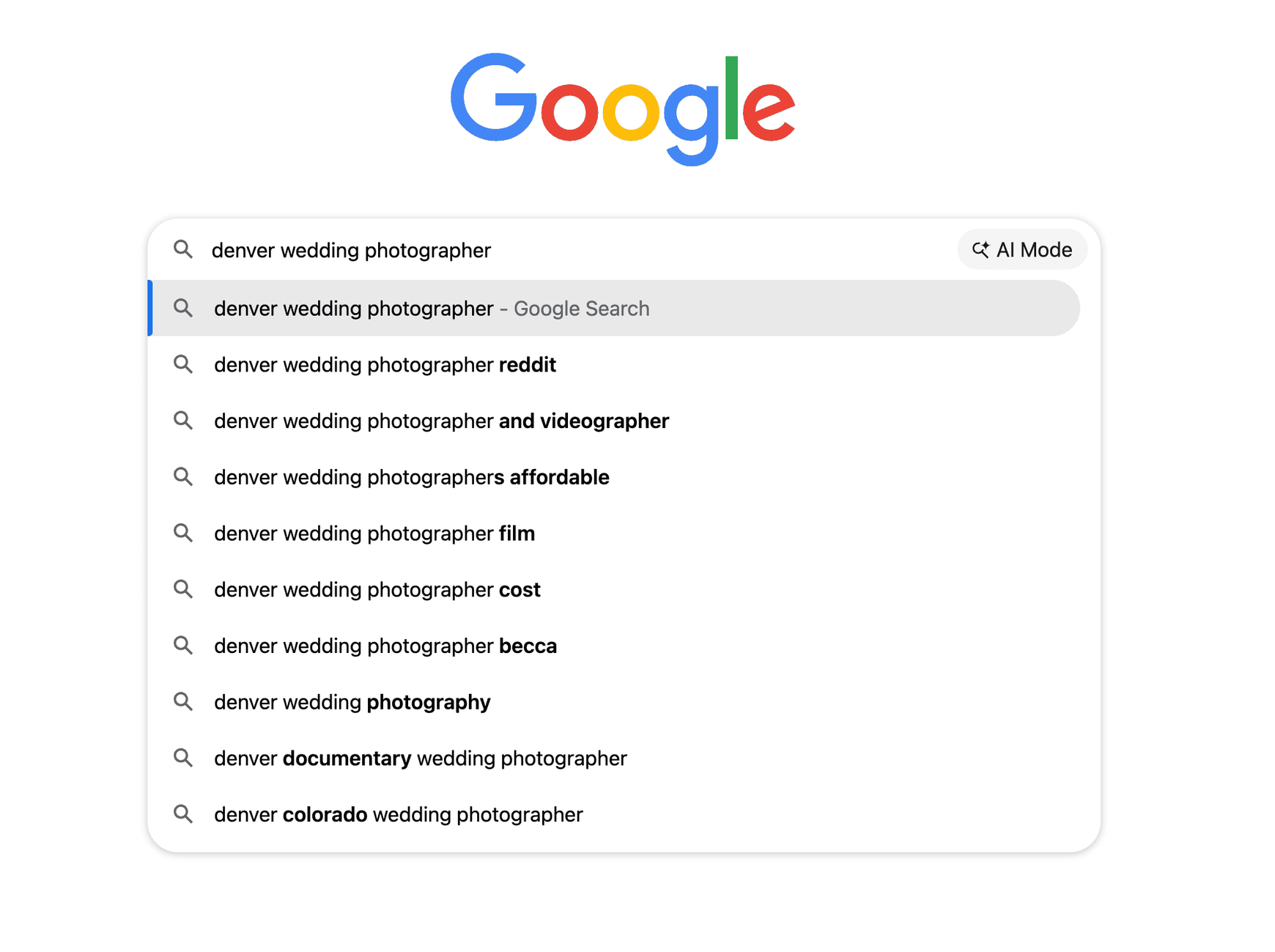 Google auto complete results for "denver wedding photographer" keyword search