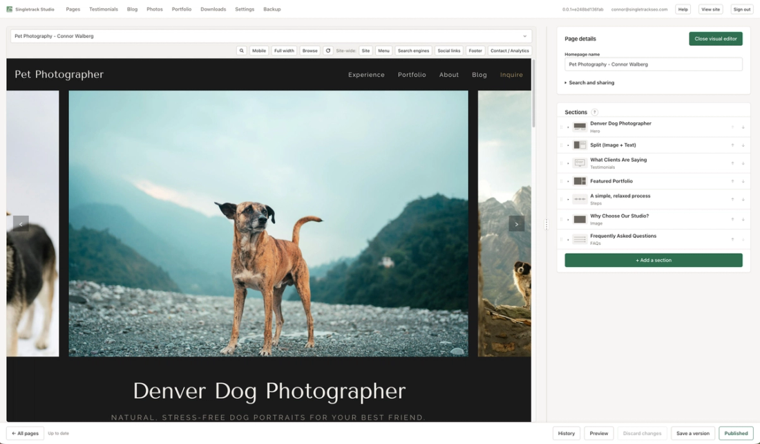 Image of a singletrack sites page being edited with the Studio App