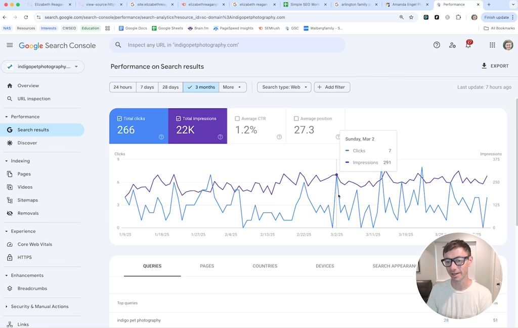SEO professional Connor Walberg analyzing Google Search Console data for a photographers' website.