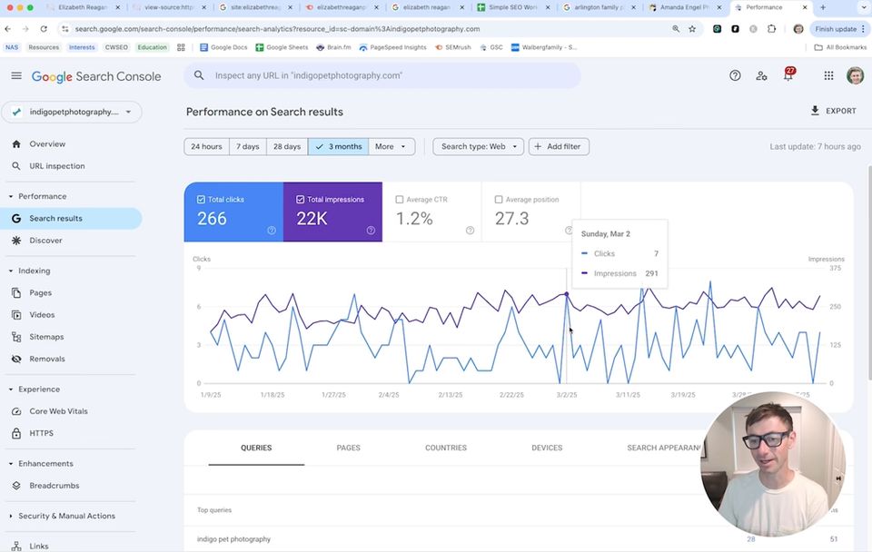 SEO professional Connor Walberg analyzing Google Search Console data for a photographers' website.