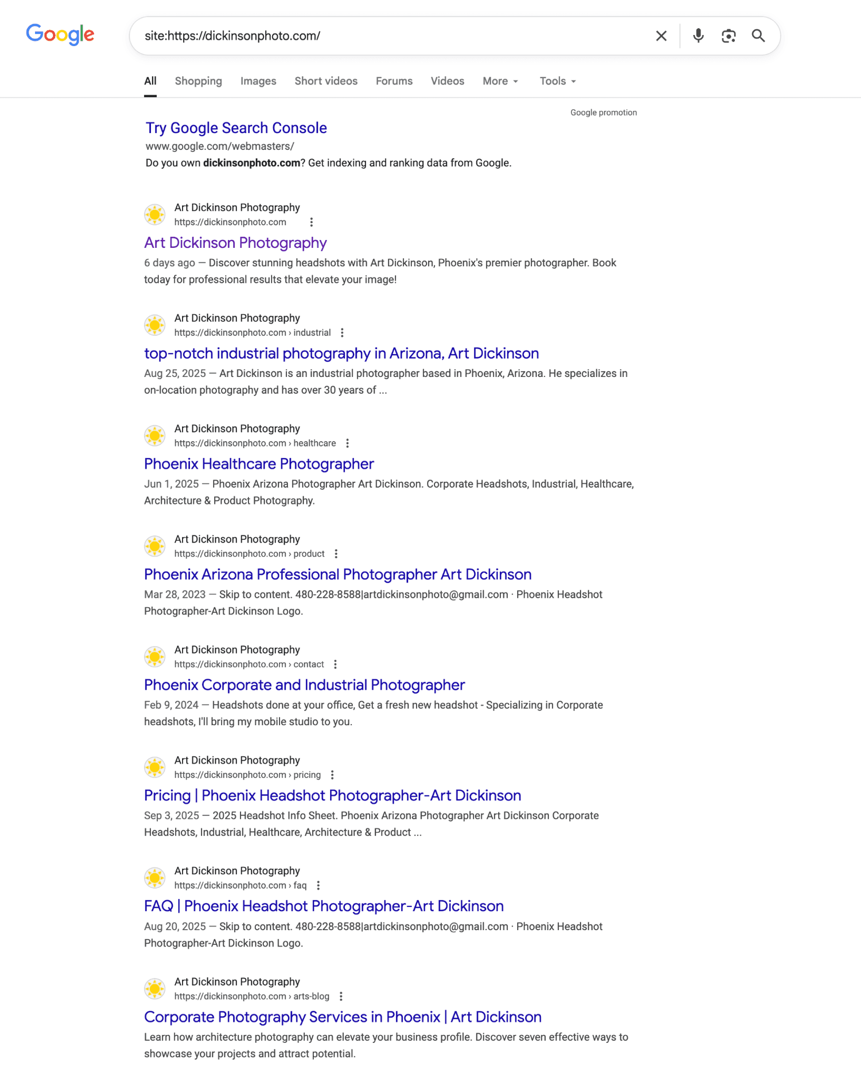 screenshot showing site:dickinsonphoto.com results