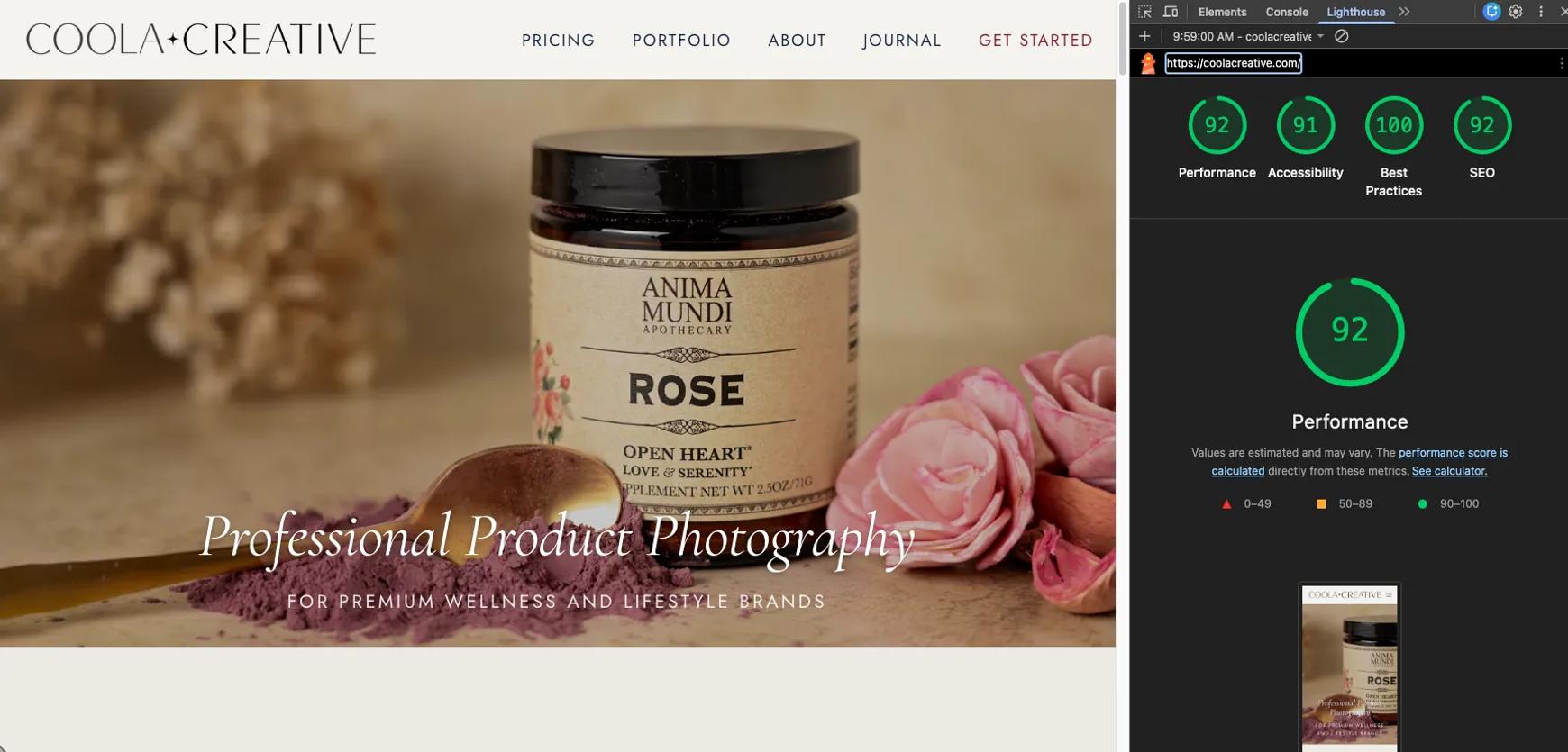 Coola Creative Lighthouse pagespeed score