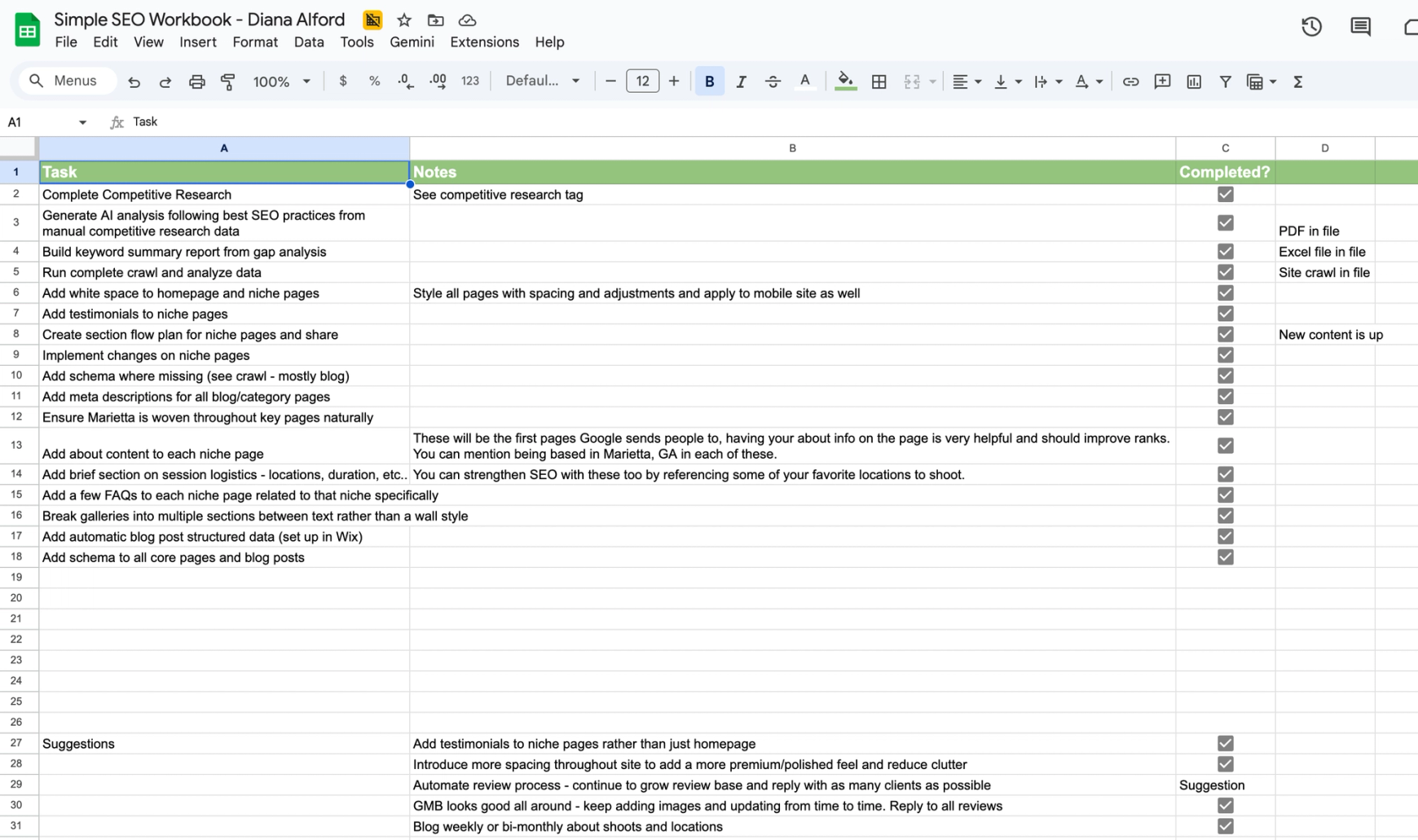 Simple SEO Workbook showing tasks completed to improve SEO for Diana Alford Photography