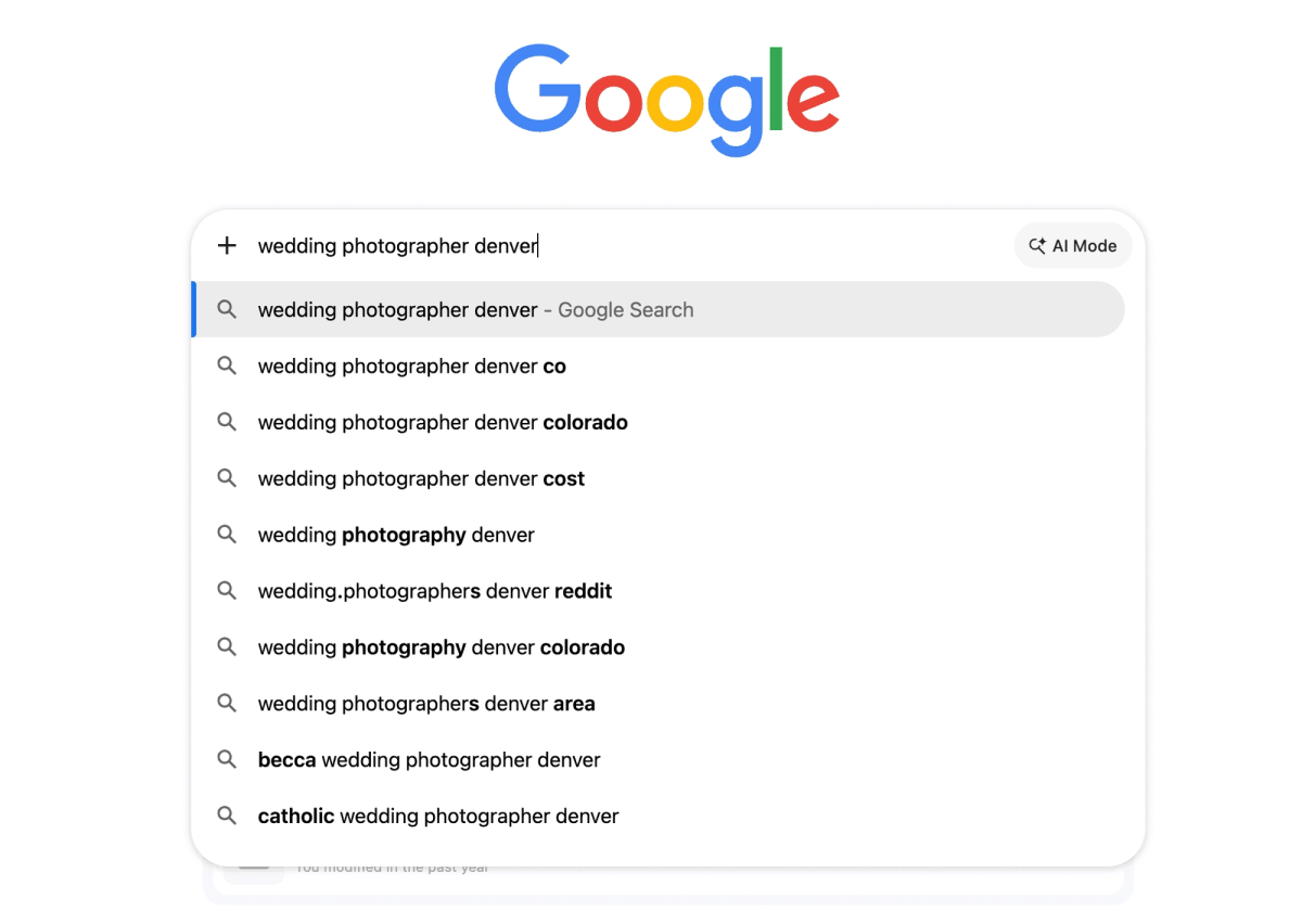 Google autocomplete results for keyword wedding photographer denver