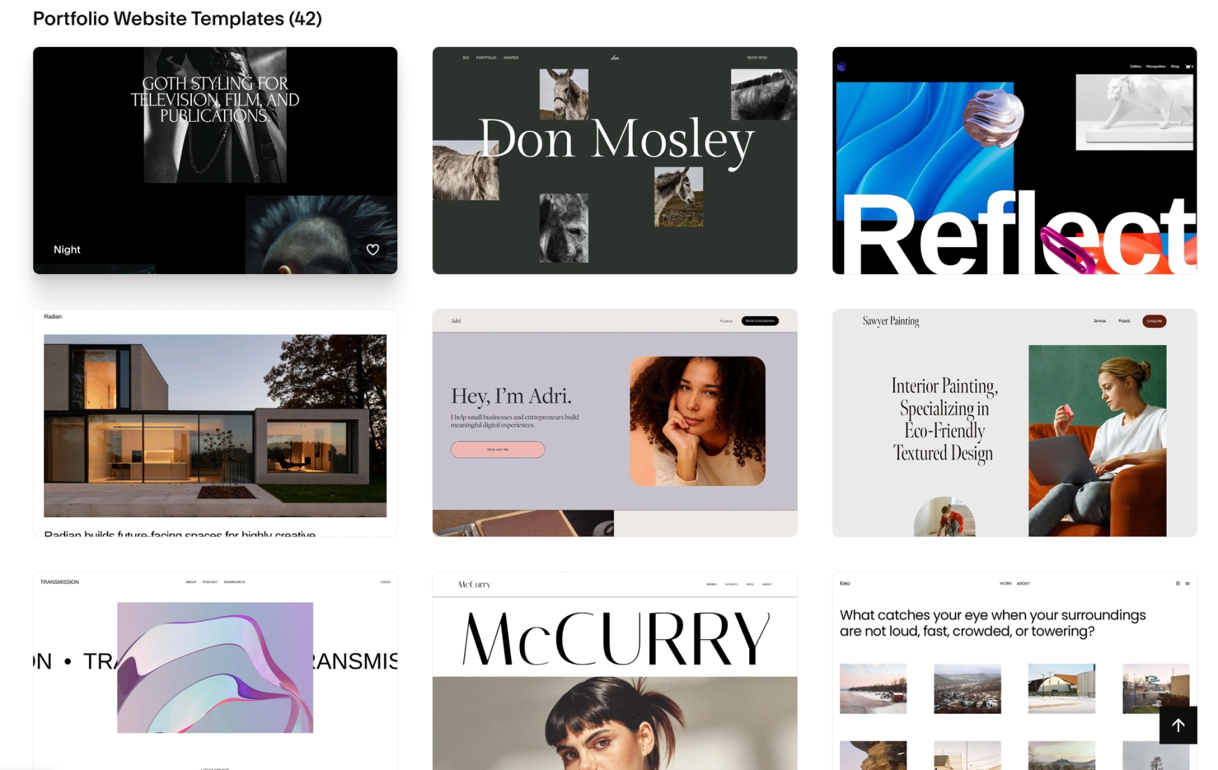 Screenshot of the squarespace template shop showing options for portfolio websites