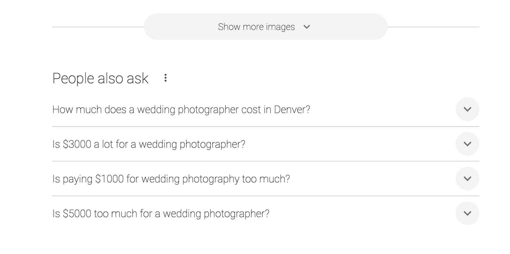 Google people also ask result for "denver wedding photographer" keyword search