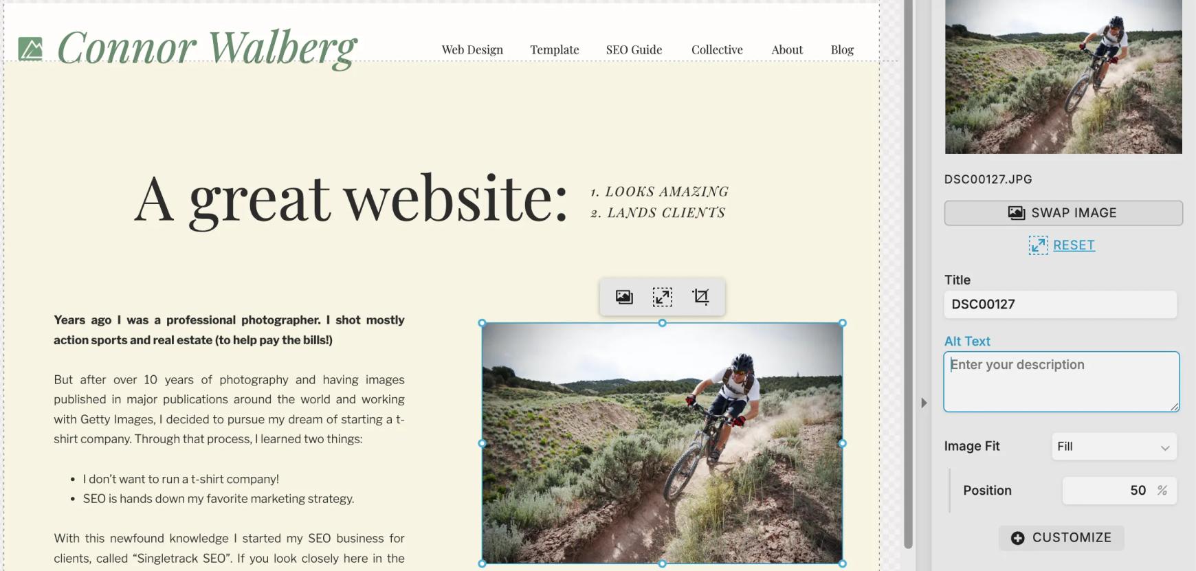 Screenshot of Connor Walbergs ShowIt website showing the image SEO field settings