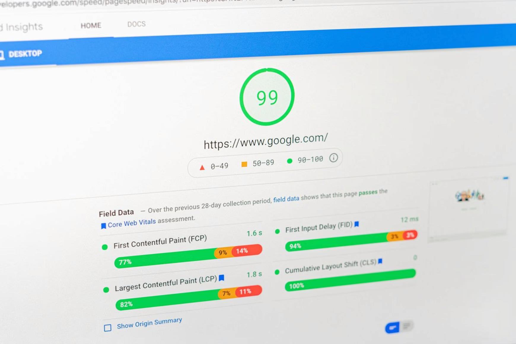 PageSpeed Insights score of 99 for a Singletrack Sites website