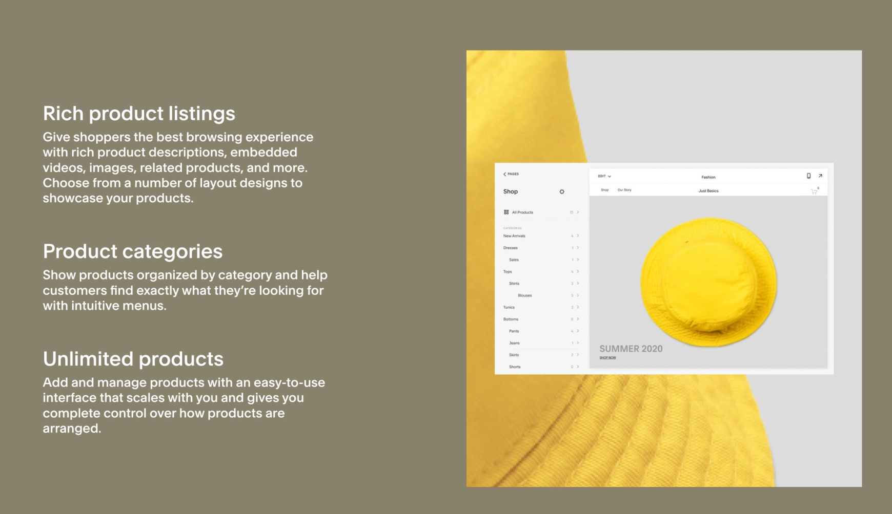 Squarespace feature listing for ecommerce capabilities - screenshot from Squarespace website