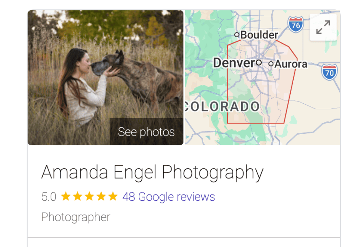Amanda Engel Photography Google Business Profile screenshot showing area served