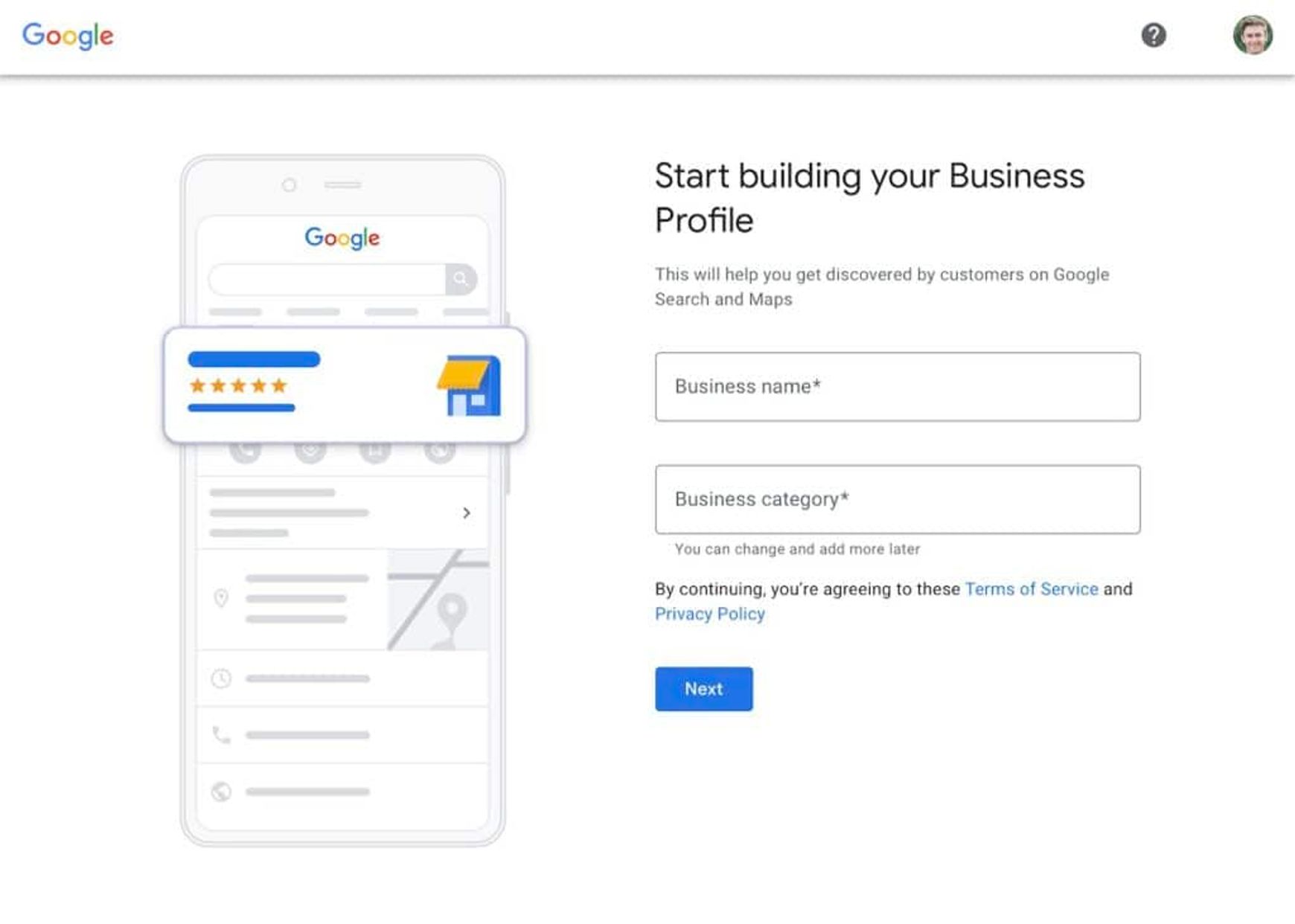 start building your google my business profile screenshot