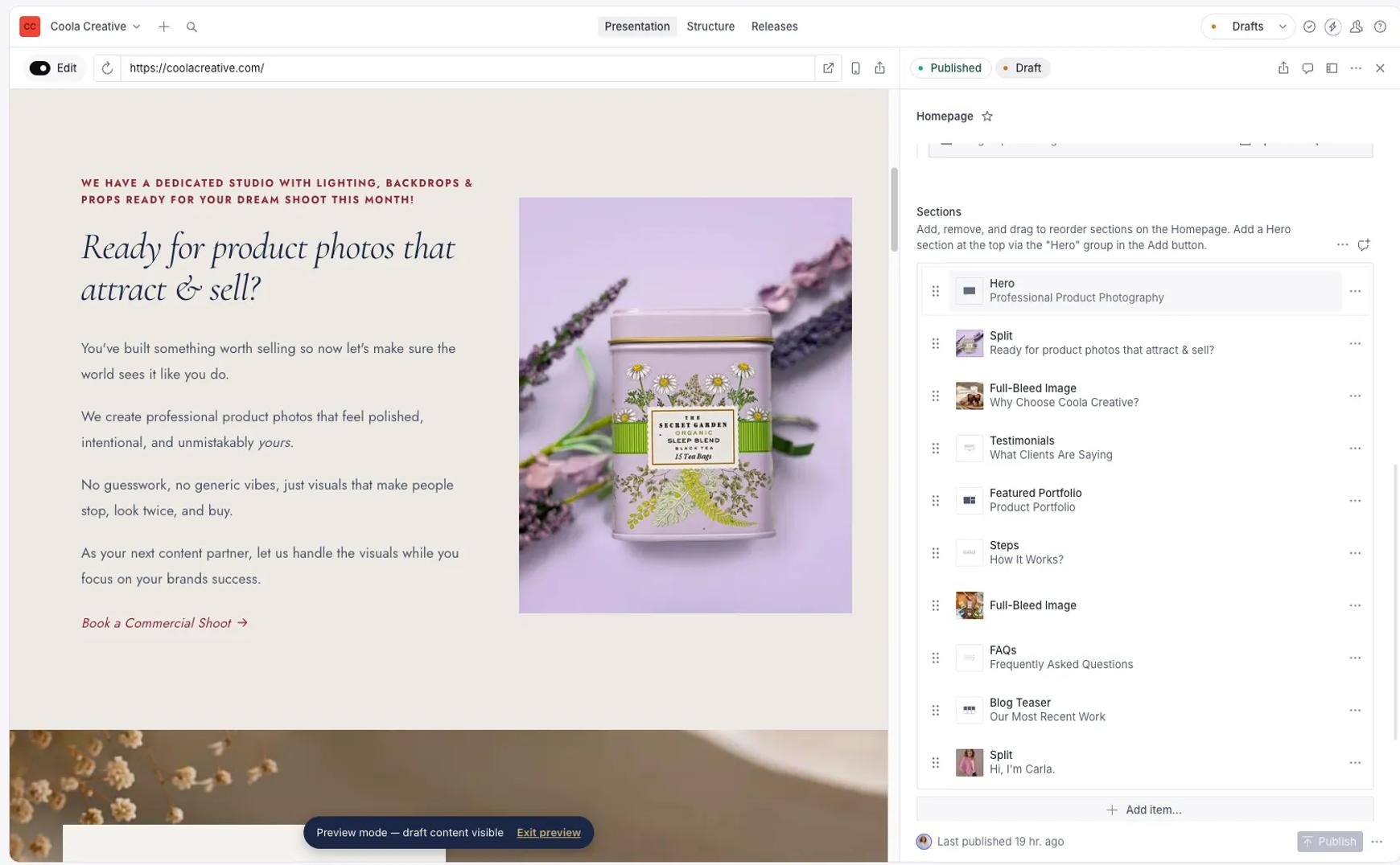 Sanity Studio screenshot of Coola Creative showing page editing capabilities