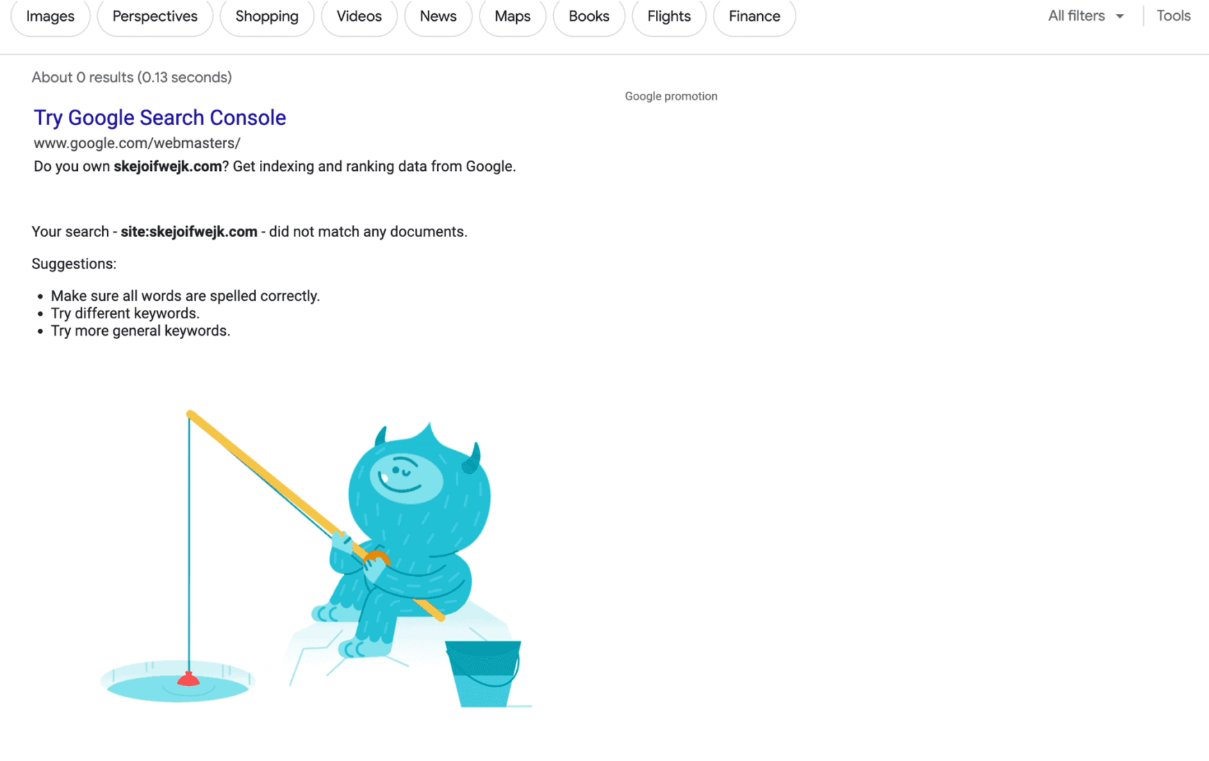 Screenshot of empty google search results showing that a site doesn