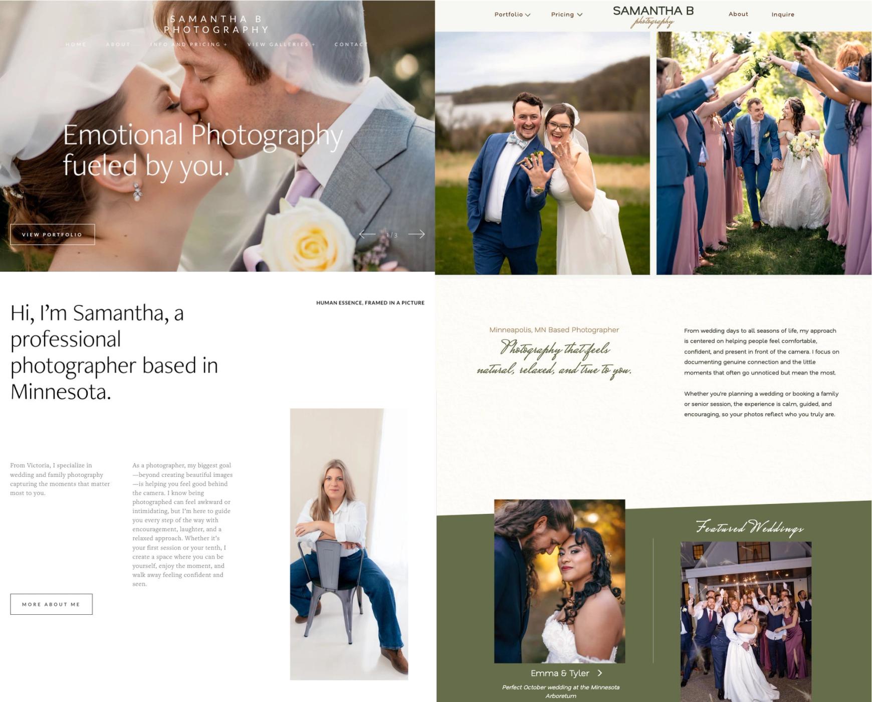 Before and after comparison images showing Samantha's Pixieset site on the left and her new ShowIt site on the right