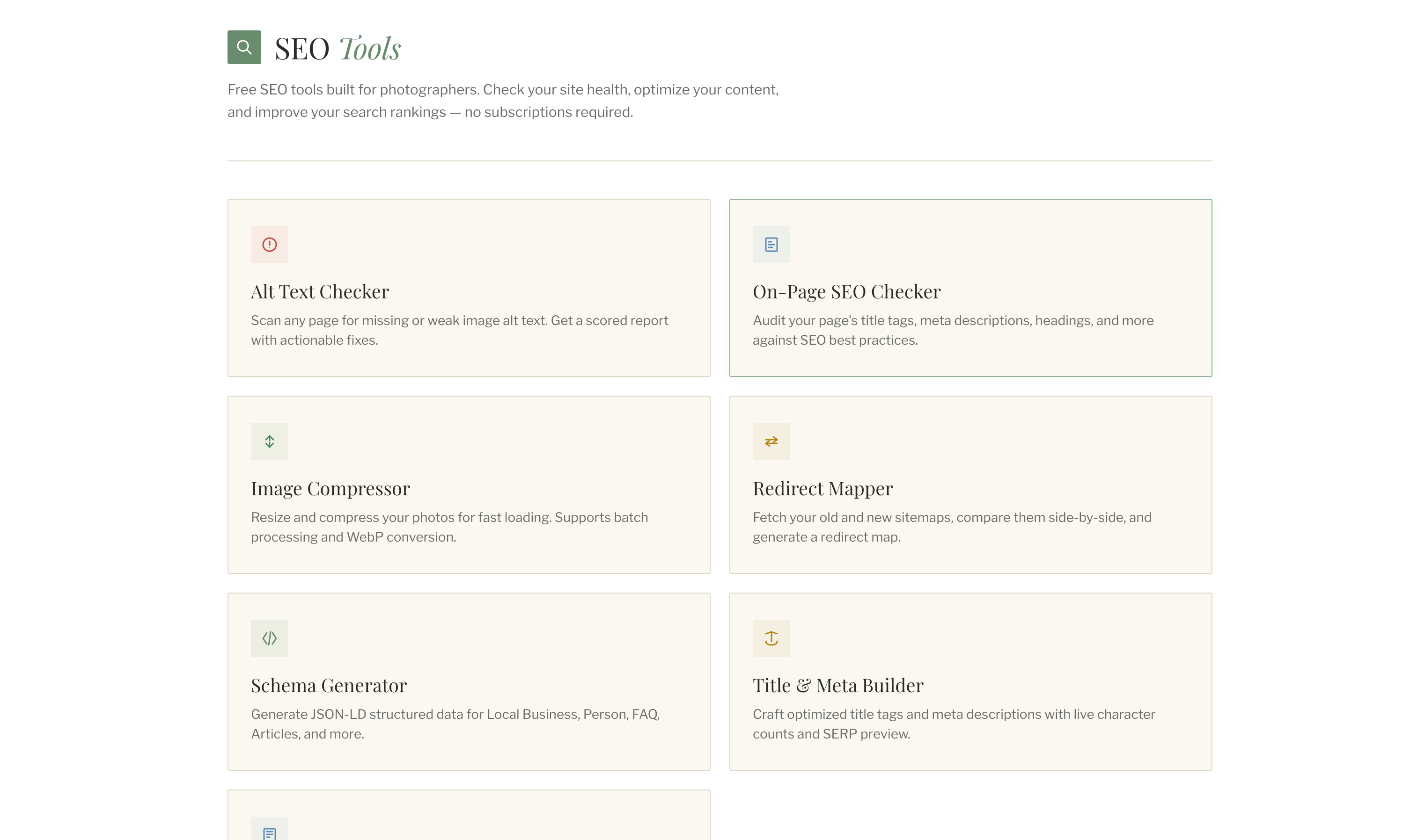 SEO tool suite for photographers screenshot