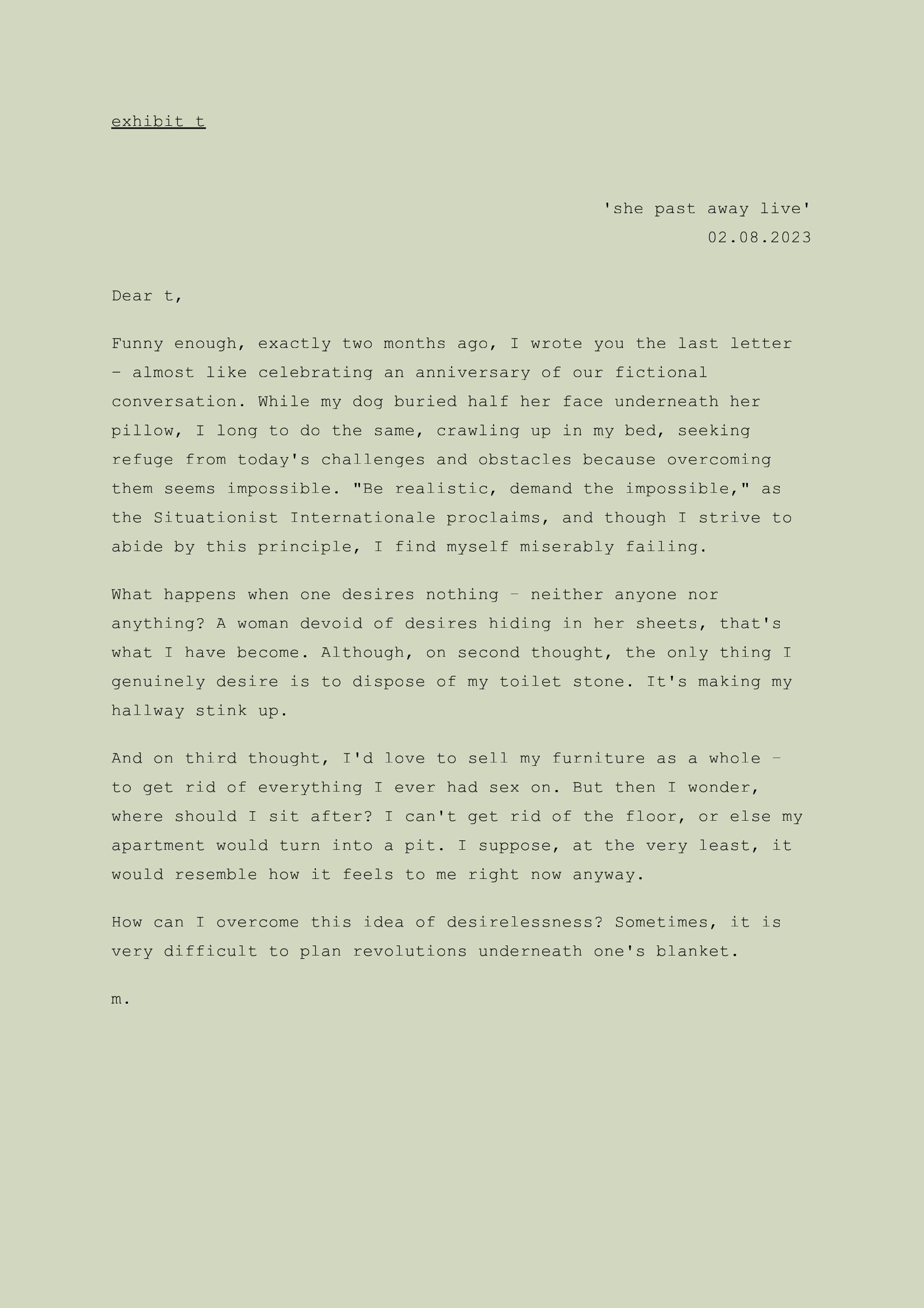 Mia Fyu, exhibit t2: she past away live, 2023