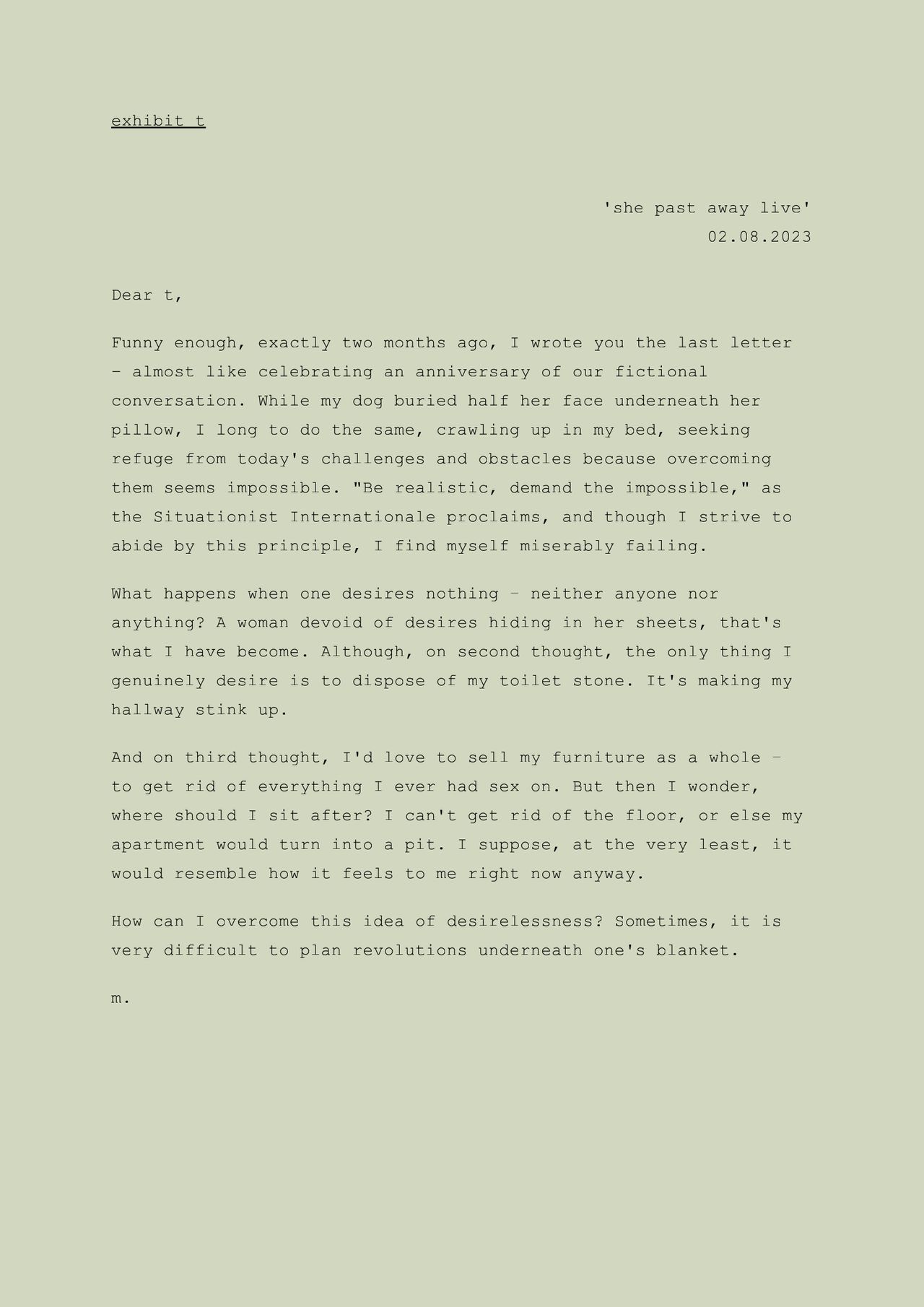 Mia Fyu, exhibit t2: she past away live, 2023 Mia Fyu, exhibit t2: she past away live, 2023