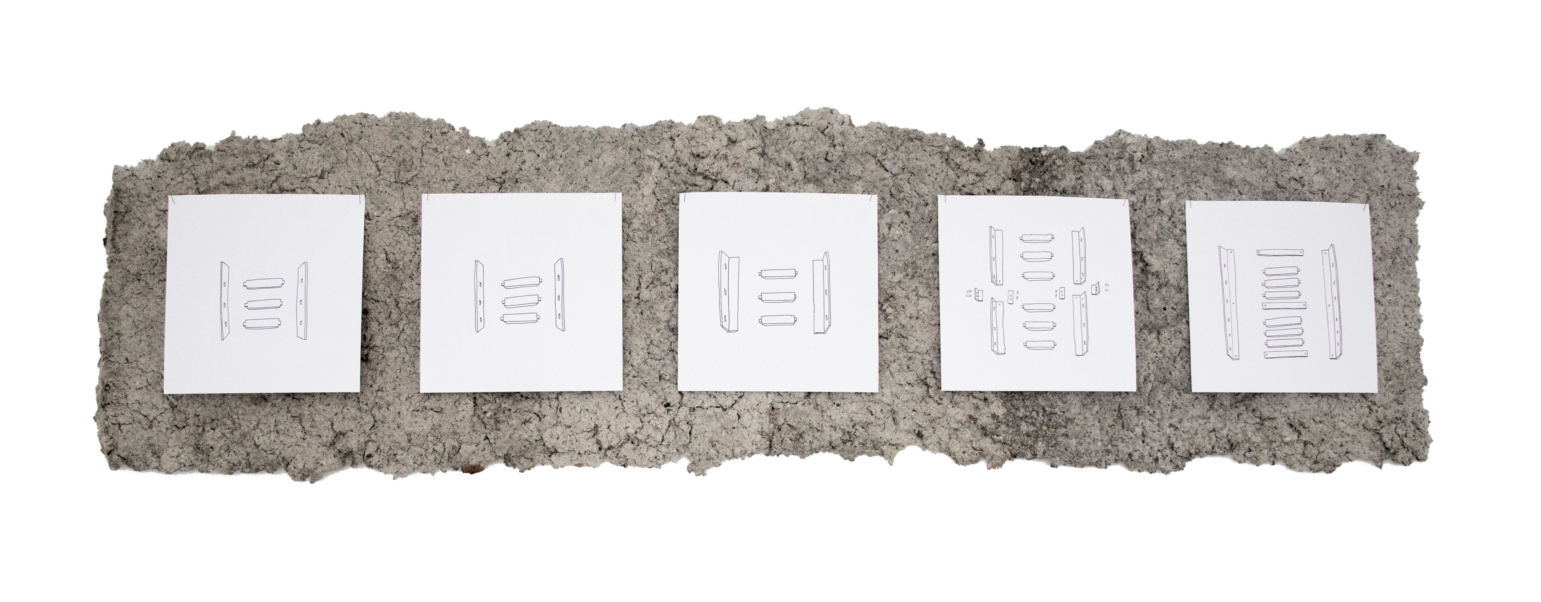 Dorothee Brübach, Grauarbeiten: Aufbauzeichnungen, 2022, Fineliner auf Papier, Pappmaché-Platten, Stecknadeln, je 135 x 35 cm