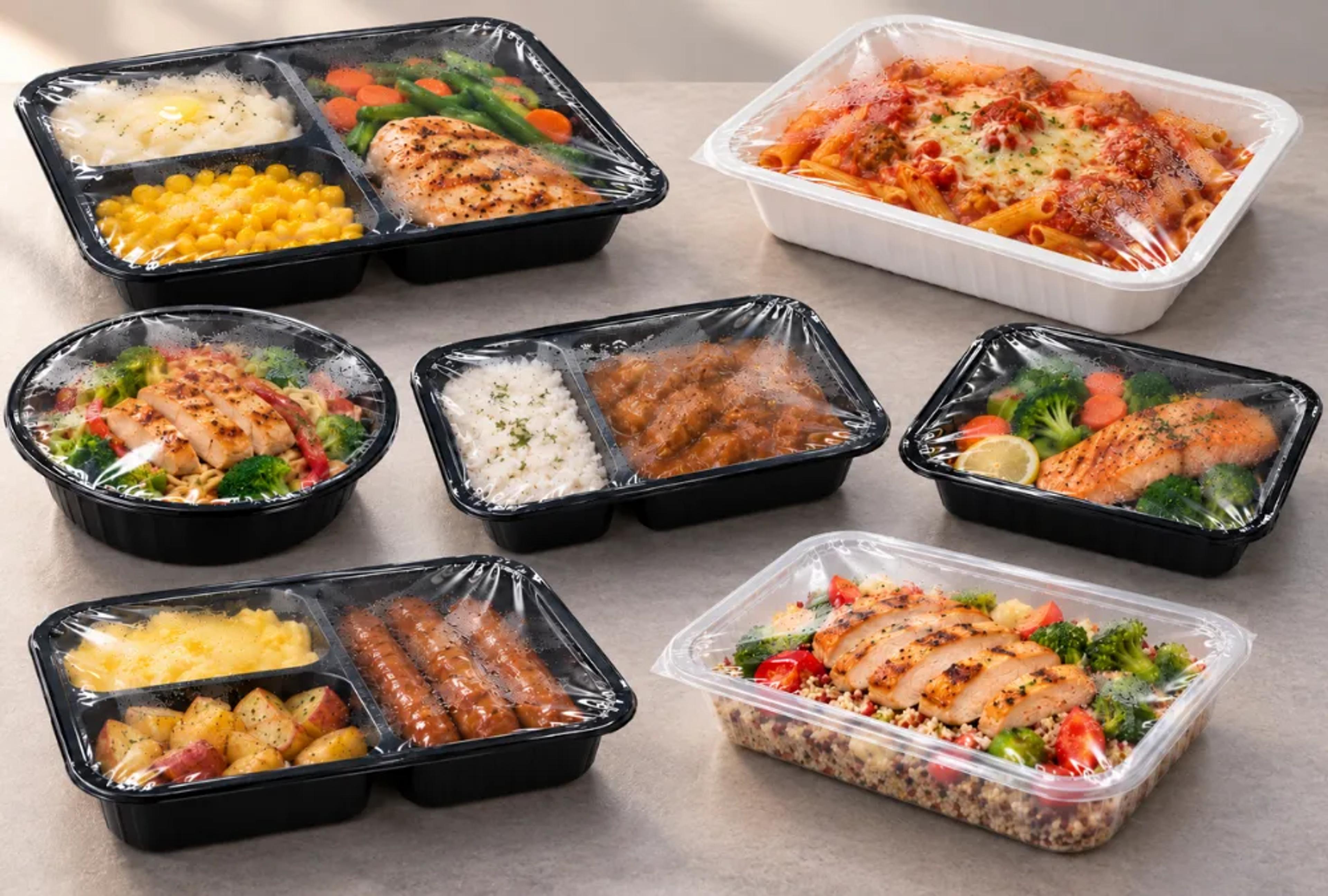 Assorted ready-meal trays in black and white plastic, sealed under clear polyester (PET) film over salads, chicken, pasta and sides.