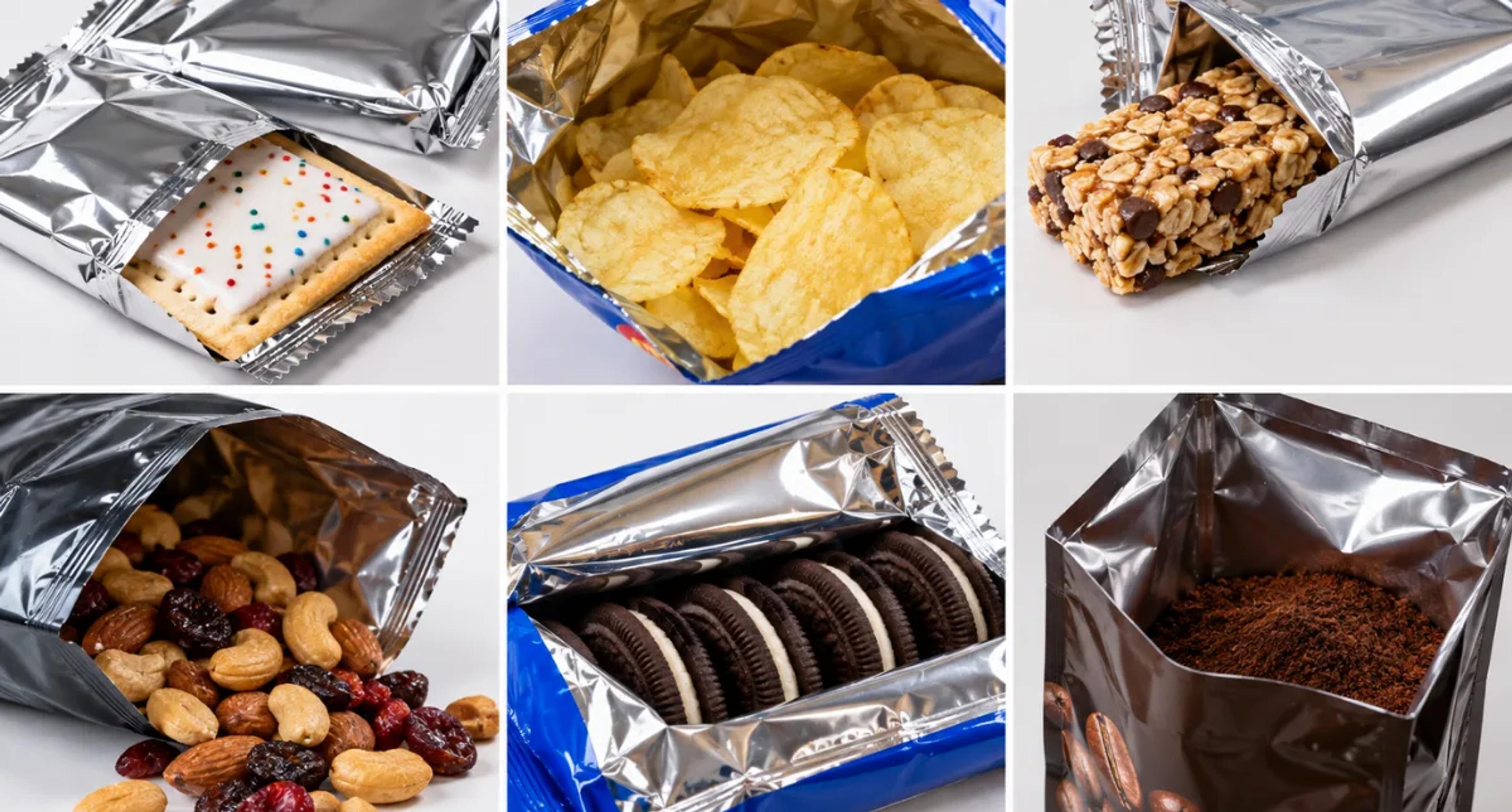 Six-panel collage of metallized flexible packaging interiors holding a frosted cookie, potato chips, granola bar, mixed nuts, sandwich cookies, and ground coffee.