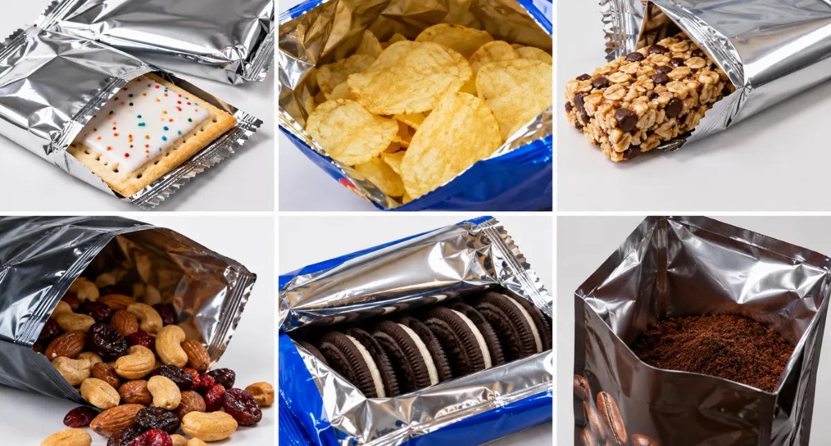 Metallized packaging examples for snacks and coffee Six-panel collage of metallized flexible packaging interiors holding a frosted cookie, potato chips, granola bar, mixed nuts, sandwich cookies, and ground coffee.