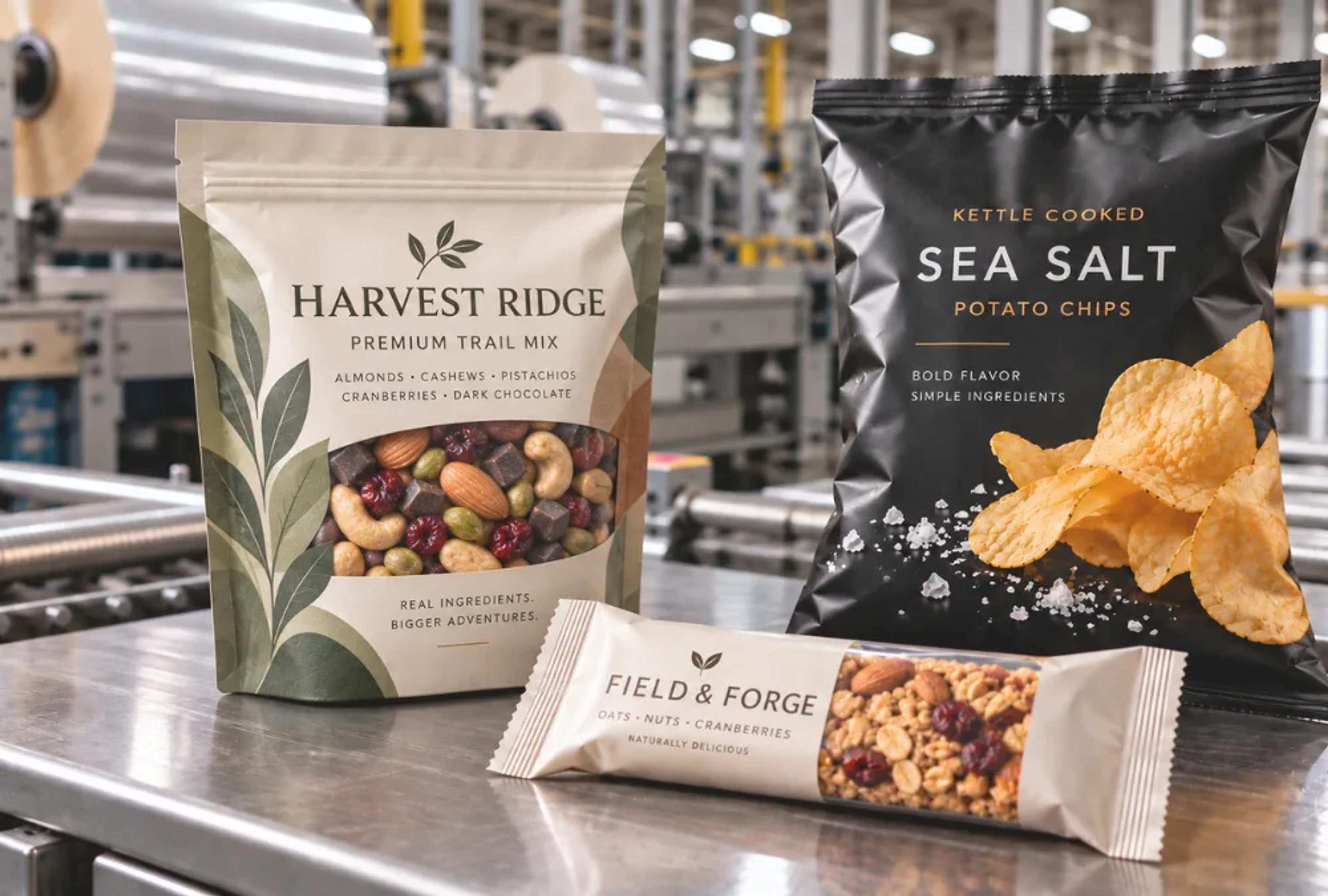 Three packaged snacks: stand-up pouch with clear window, matte chip bag, and wrapped granola bar on a production-line table.
