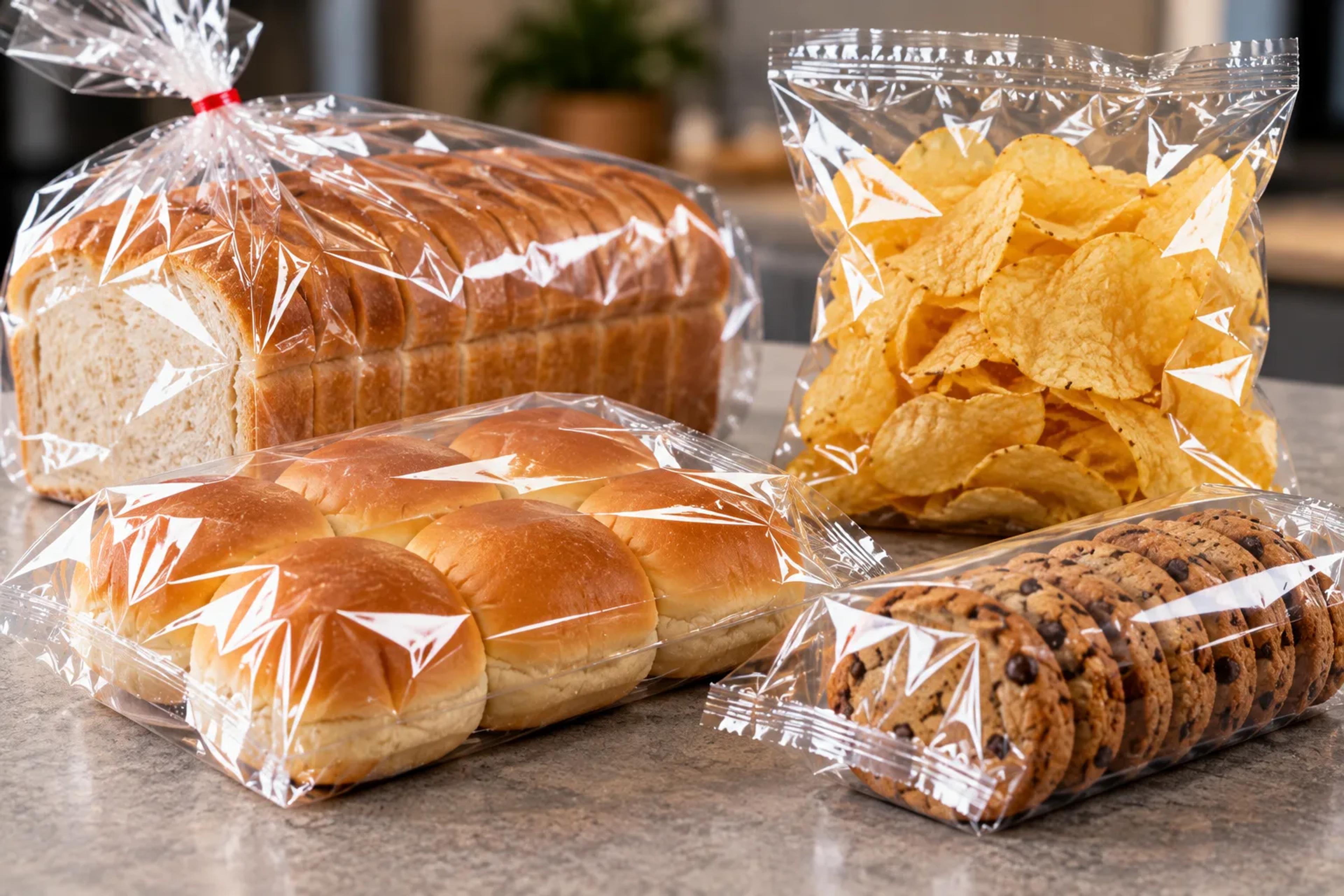 Clear glossy BOPP film wrapping a sliced loaf, six dinner rolls, a bag of potato chips, and a tray of chocolate chip cookies.