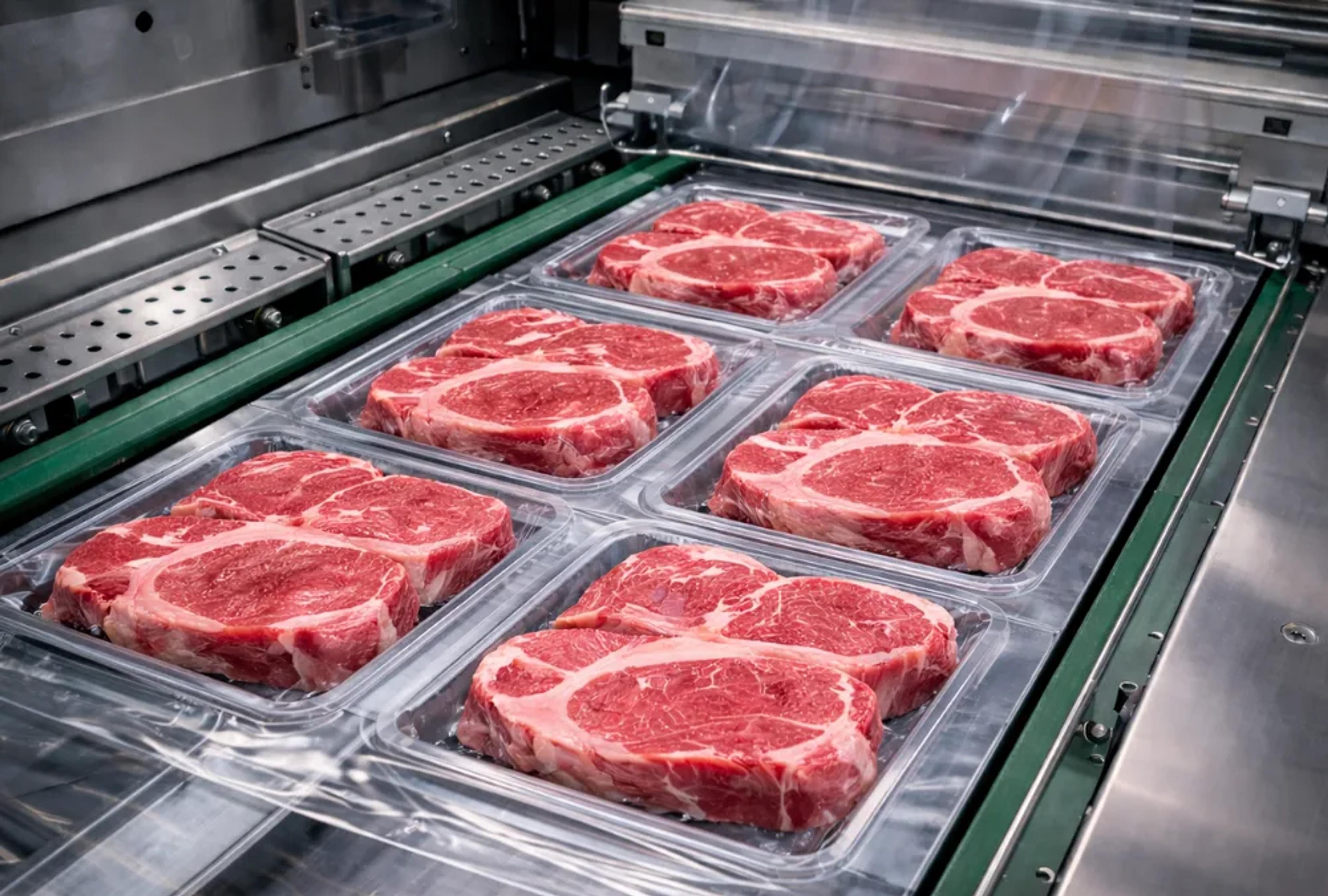 Conveyor with clear thermoformed trays holding raw ribeye steaks sealed under transparent thermoforming film