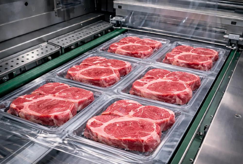 Thermoformed trays of steak on production line Conveyor with clear thermoformed trays holding raw ribeye steaks sealed under transparent thermoforming film