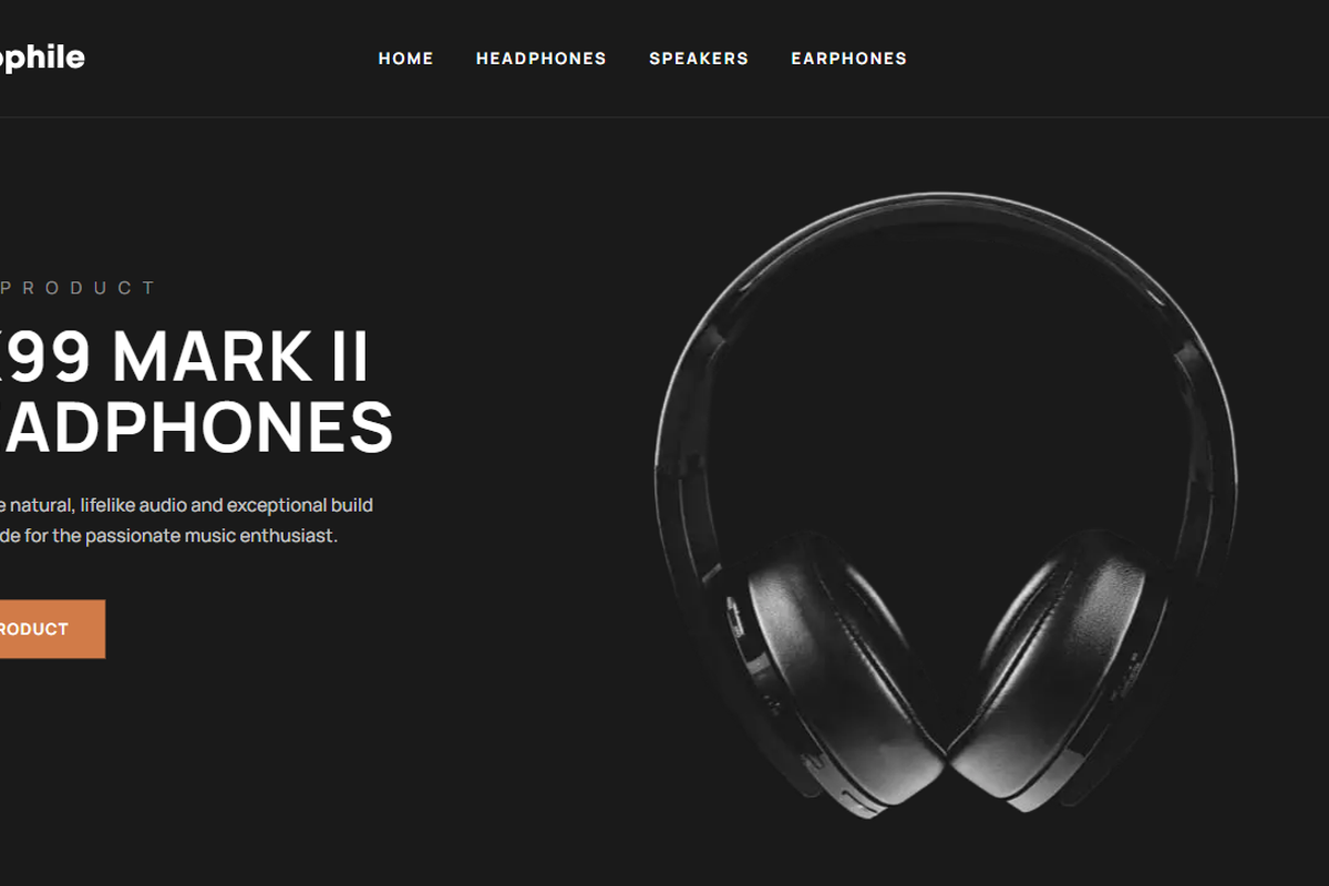 Screenshot of the Audiophile ecommerce website desktop view showing featured audio products and shopping interface.