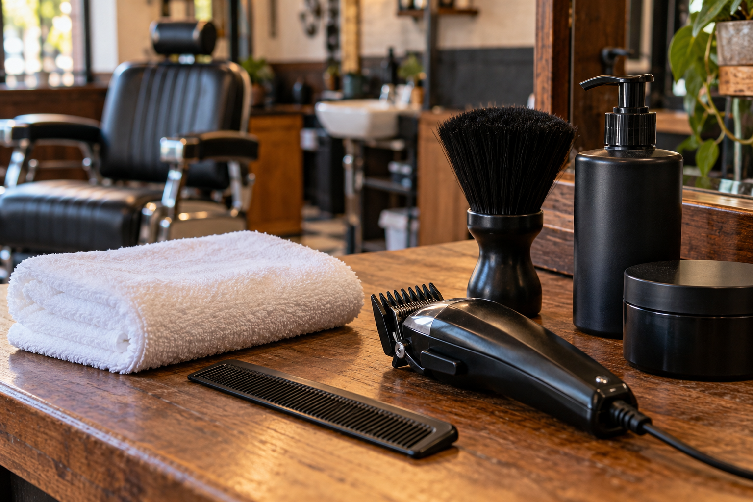 Bancada organizada com toalha limpa e materiais de barbearia preparados para o atendimento.