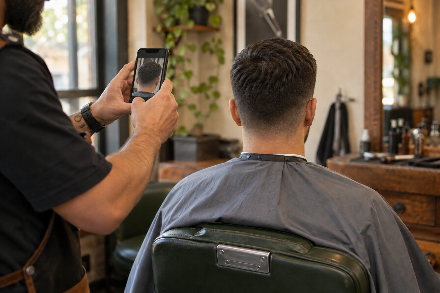 Barbeiro registra a nuca do cliente, com a tela do celular voltada para si e a câmera apontada para o corte.