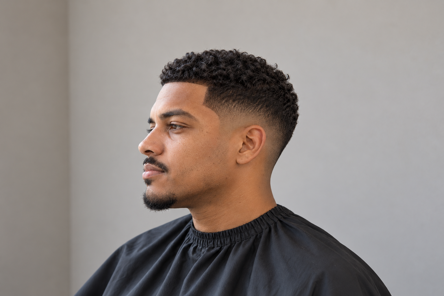 Vista de perfil de um corte curto texturizado, com fundo limpo e luz lateral suave.