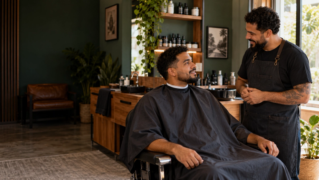 Barbeiro conversa com cliente em uma barbearia organizada e acolhedora.