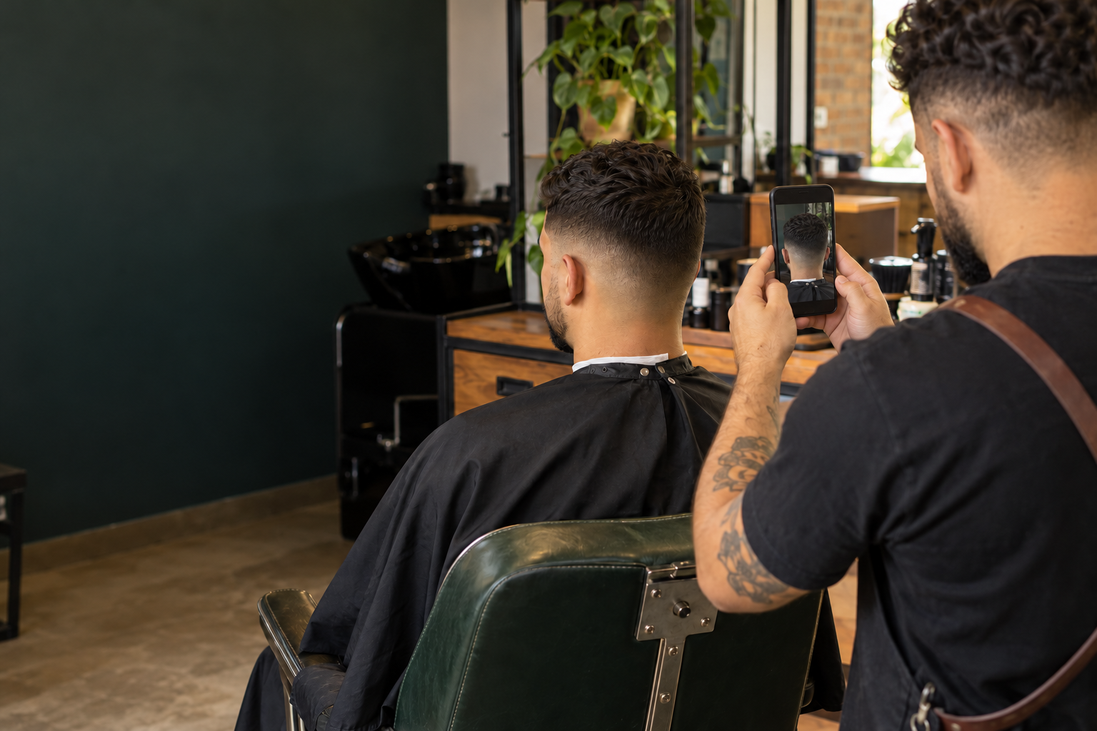 Barbeiro registra o corte de um cliente de costas em uma barbearia iluminada.