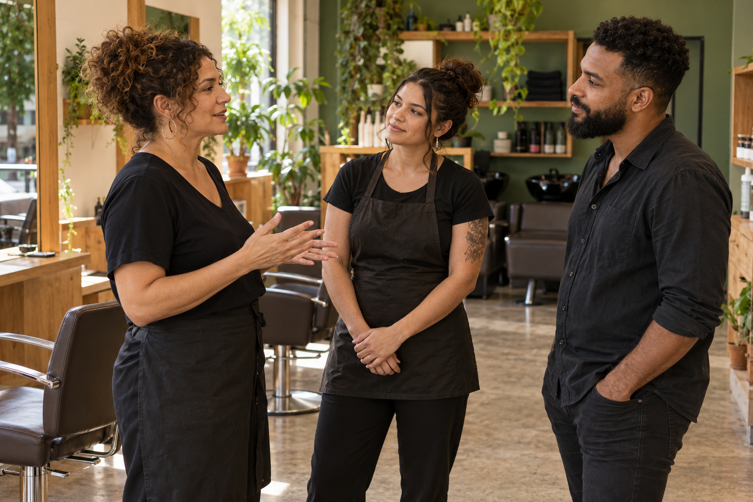 Duas profissionais e um colega conversam sobre a organização do trabalho no salão.