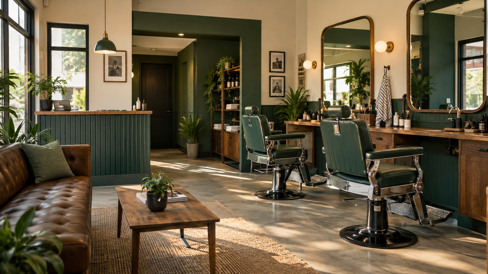 Interior de uma barbearia acolhedora, com cadeiras de atendimento, espelhos e luz natural.