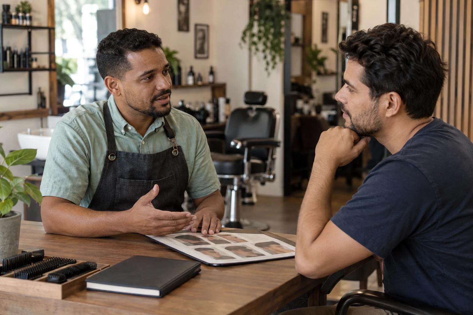 Barbeiro conversa com um cliente sobre as opções de atendimento antes de confirmar o serviço.