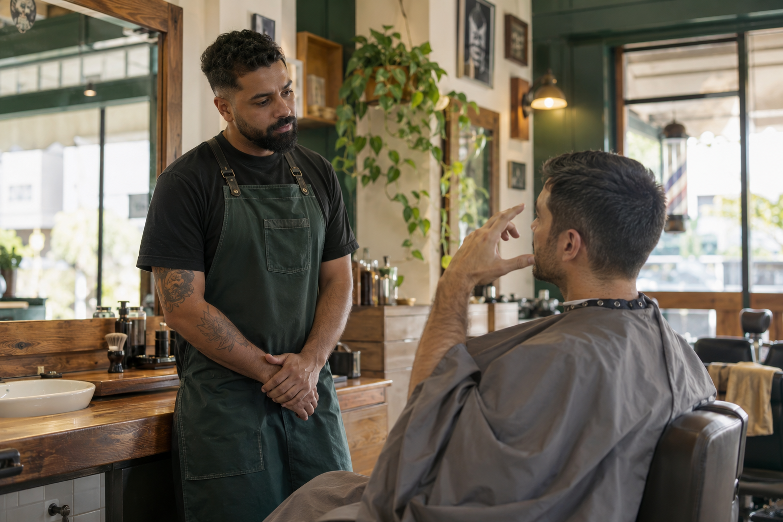 Barbeiro ouve o pedido de um cliente adulto antes do corte.