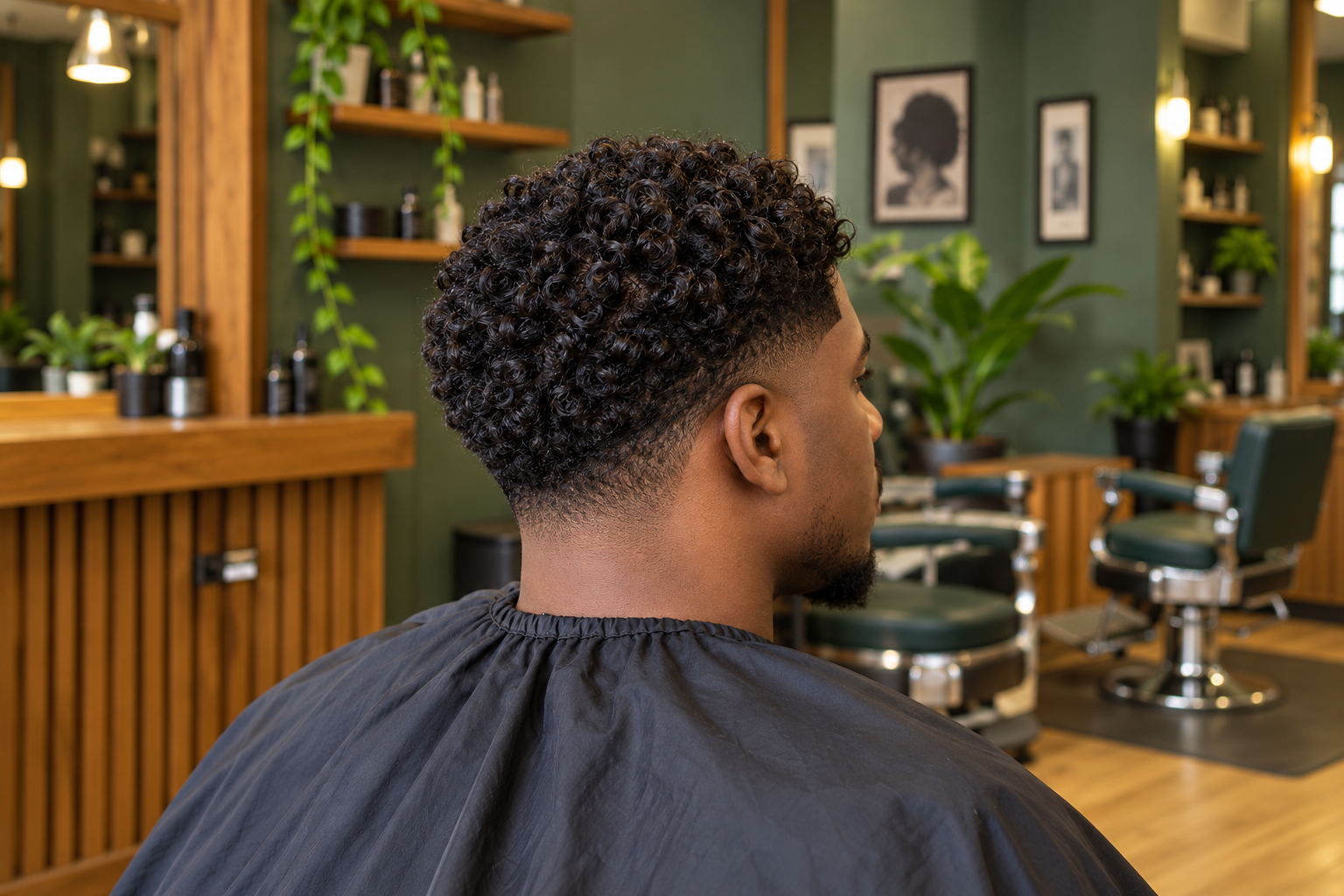 Cliente de cabelo cacheado curto em uma barbearia, mostrando textura e acabamento naturais.