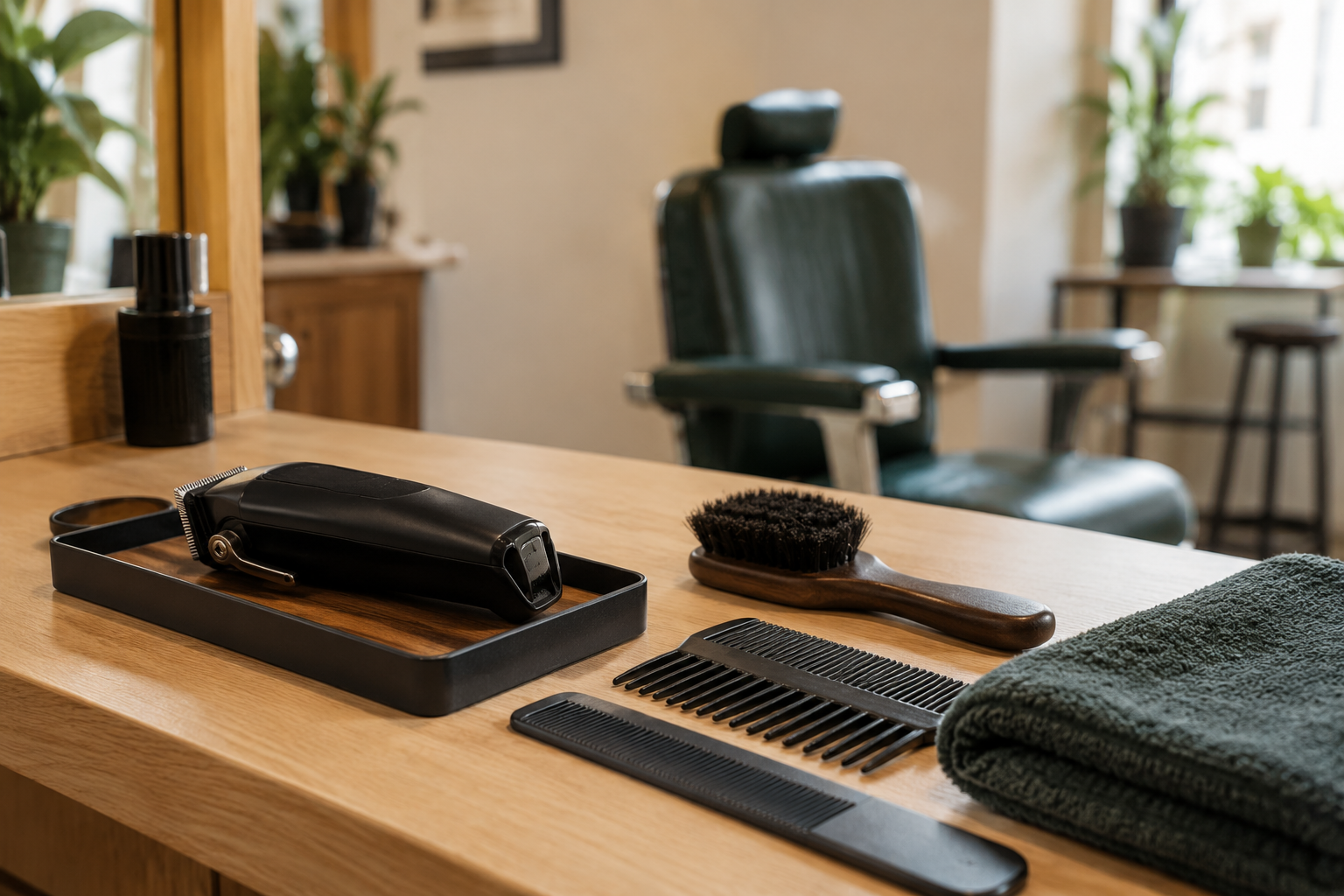 Máquina de corte, pentes, escova e toalha organizados em uma bancada de barbearia.