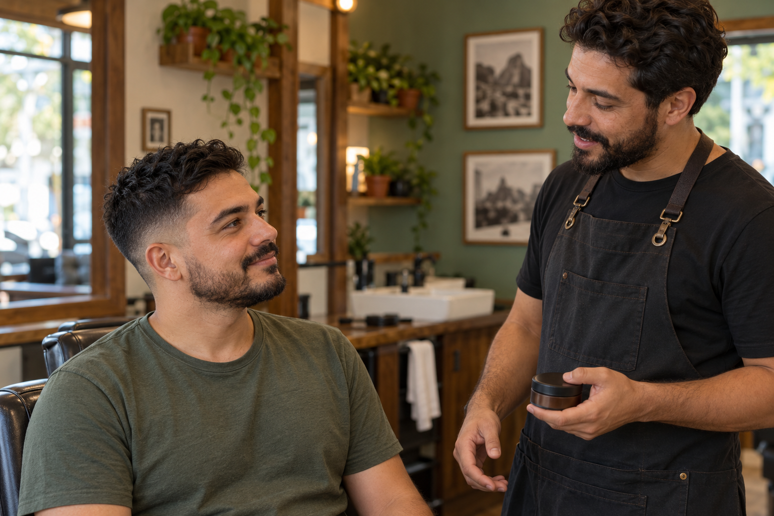 Barbeiro orienta cliente sobre cuidados com o cabelo depois do corte.